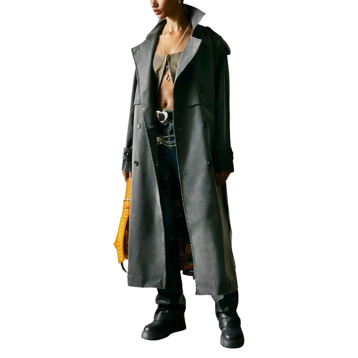 Desigual Women's Elegant Grey Belted Trench Coat With Lapel Collar Design by Desigual