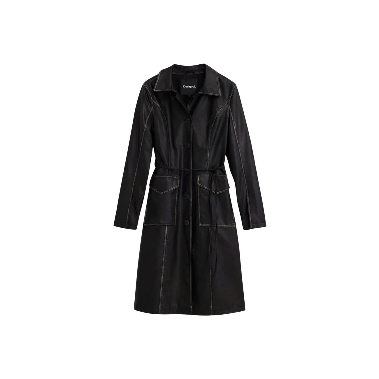 Desigual Women Elegant Black Faux Leather Belted Long Blazer Coat by Desigual