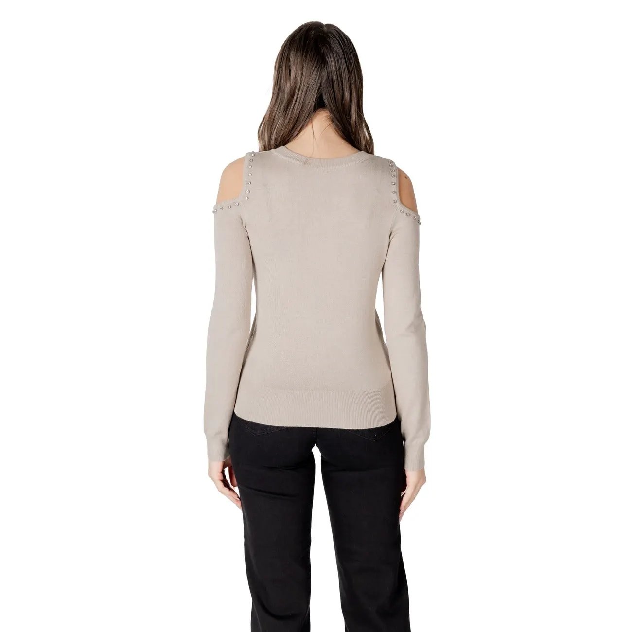 Stylish Only Women Beige Cold Shoulder Long Sleeve Knitwear Top With Studs by Only