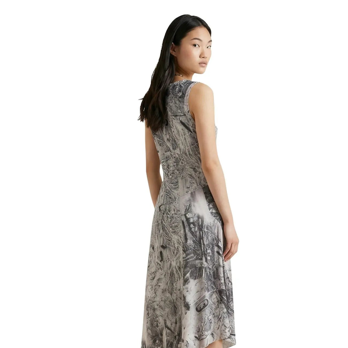 Desigual Women Grey Sleeveless Abstract Print Elastic Midi Asymmetric Dress by Desigual