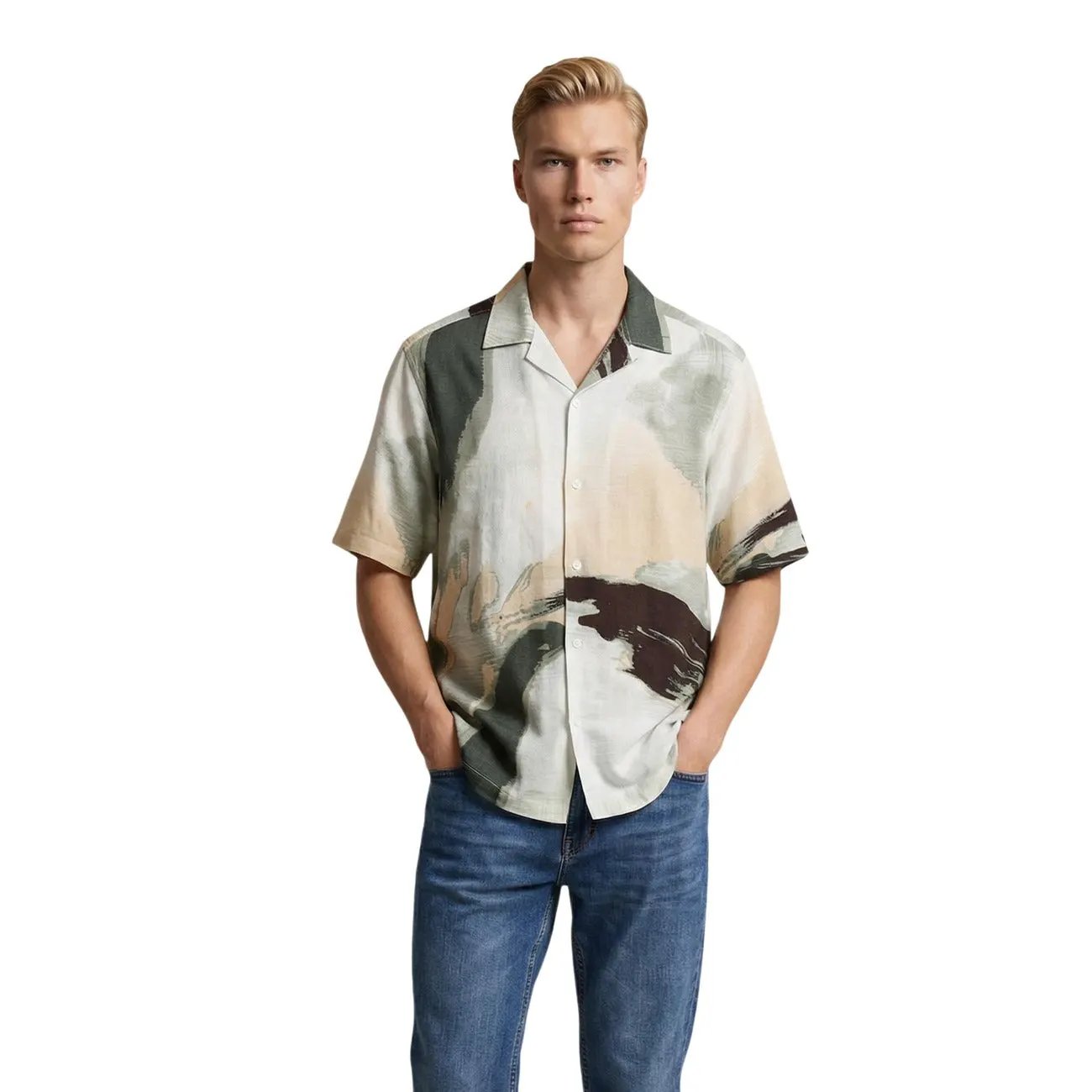 Premium Only And Sons Mens Green Short Sleeve V Neck Summer Shirt by Only & Sons