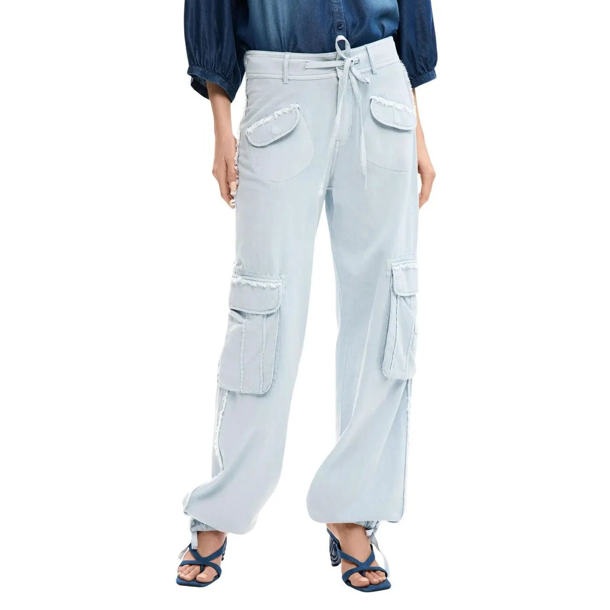 Desigual Women Stylish Light Blue Cotton Viscose Cargo Trousers Summer by Desigual