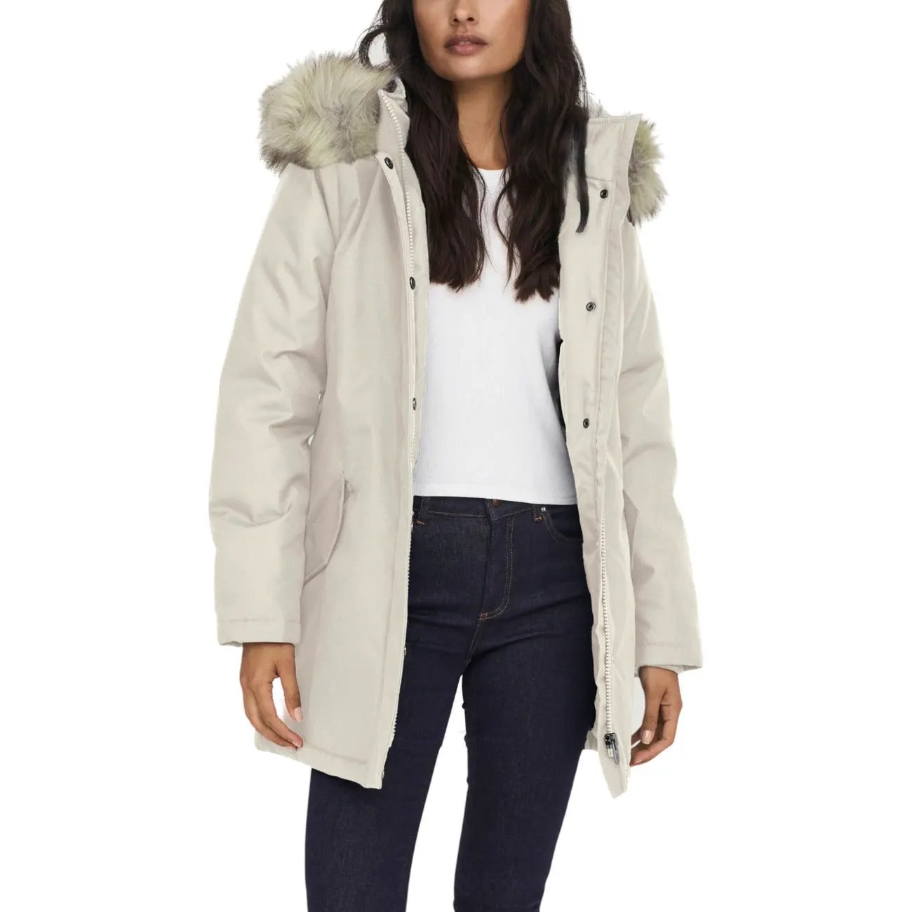 Only Women Beige Winter Jacket Long Sleeves Fur Hood Zipper Buttons by Only