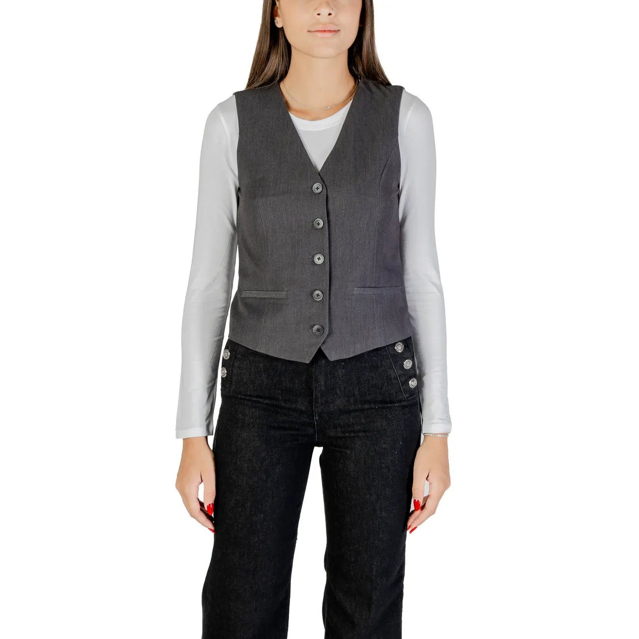 Only Womens Essential Grey Button Front V-Neck Lightweight Gilet by Only