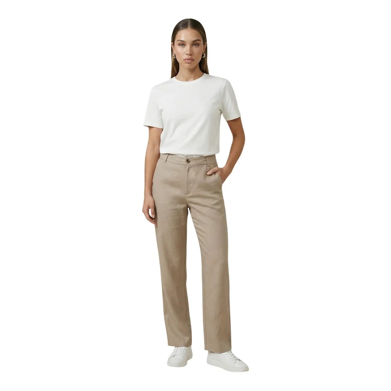 Only Women Beige Straight Trousers Stylish Comfortable Viscose Pants by Only