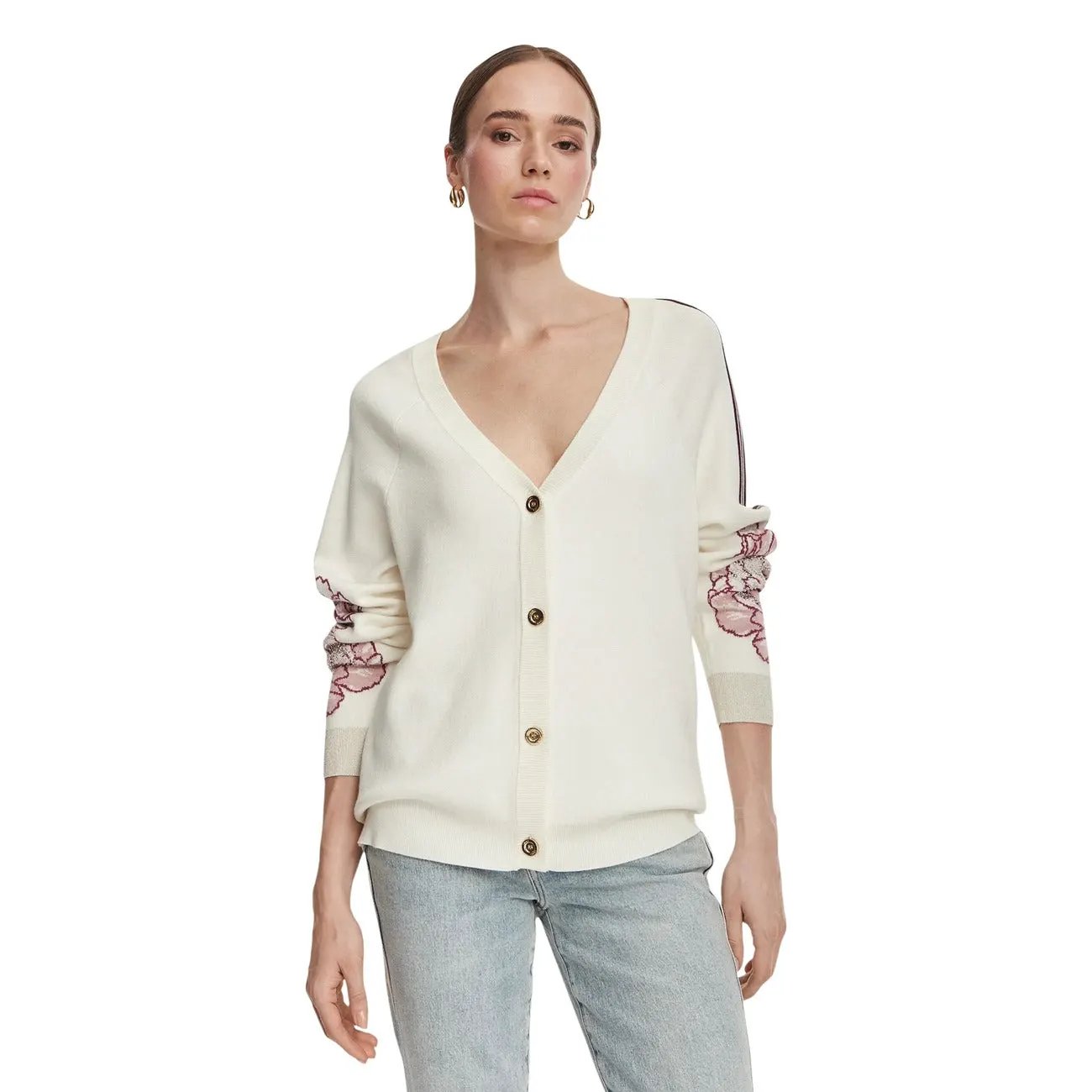 Liu Jo Women's Sequin Knit V-Neck Sweater Beige Cozy Luxe For Fall Winter by Liu Jo