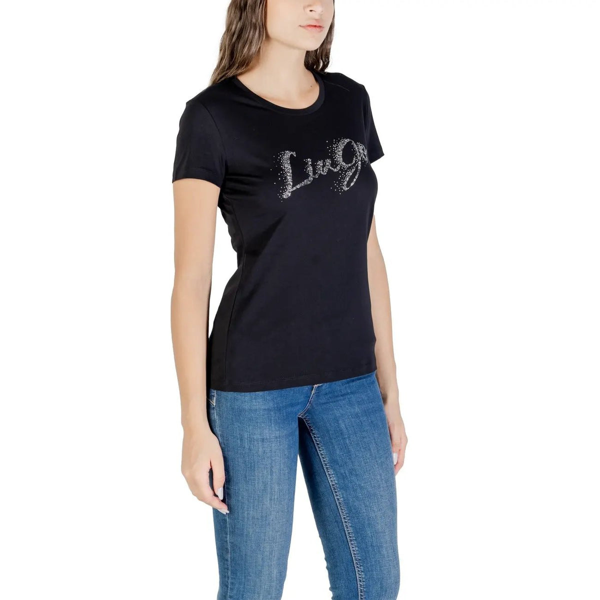 Liu Jo Women Black Cotton T-Shirt With Elegant Crystal Logo Print by Liu Jo