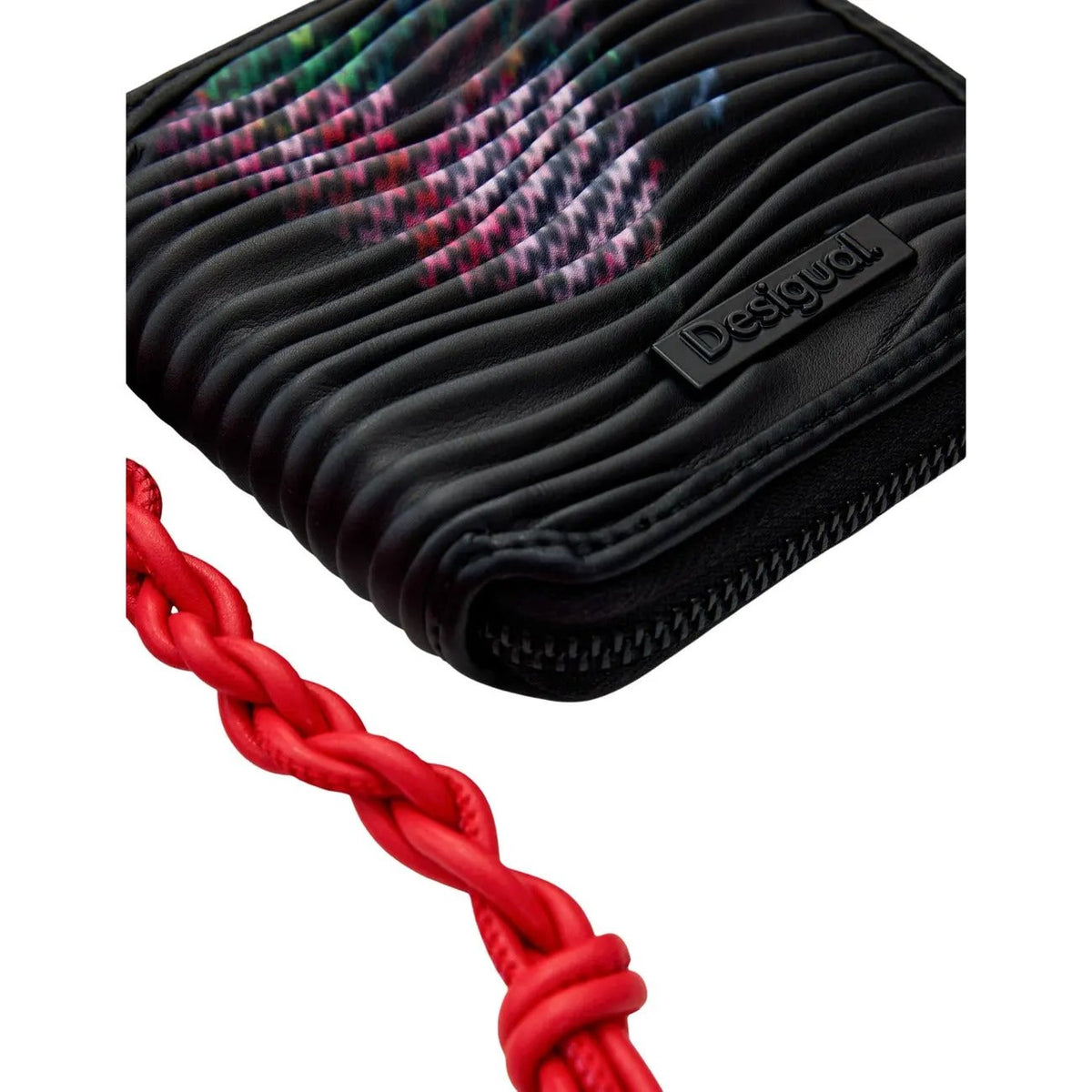 Desigual Women Stylish Black Pleated Zip Wallet With Braided Red Wrist Strap by Desigual